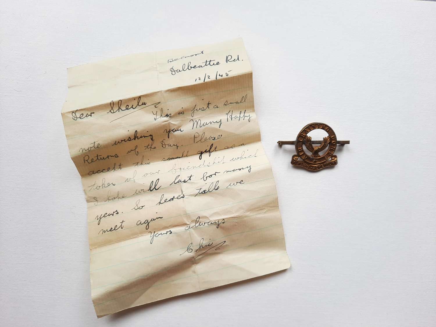 WW2 ATC Brooch and Letter